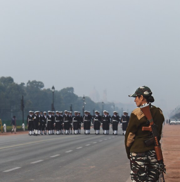 New Delhi, India - January 11 2019: Early Morning rehearsals and preparation for  Indiaâ€™s 71st Republic Day. Armed forces in full alert.