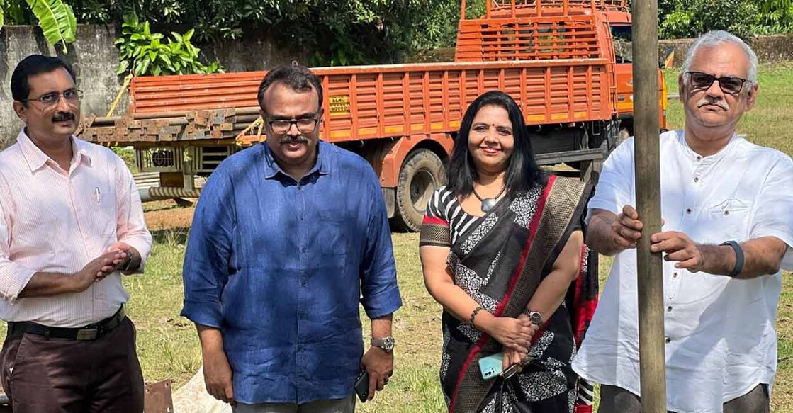 Adi Shankara Trust Managing Trustee K. Anand performs the pillar installation ceremony of the main stage of the upcoming CBSE district arts fest. Adi Shankara Group of Institutions COO Prof. C. P. Jaisankar, General Manager N Sreenath and Sree Sarada Vidyalaya Senior Principal Dr. Deepa Chandran look on. Photo: Special arrangement