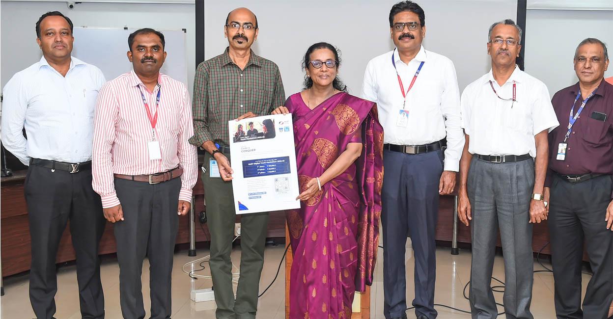 Photo: (From left) Dr Arun Surendran, strategic director and principal, Trinity College of Engineering; Dr Pradeep S, asst, vice president and head, NeST Digital Academy; Sreekumar K V, head of retail training unit, ICT Academy of Kerala, Dr Ciza Thomas, Vice Chancellor, KTU; Balamurali L, director of quality, NeST Digital; Dr Shyam Prakash, principal, Sree Chithra College of Engineering and Dr Apren T J, president, R&D (RF and Microwave), SFO Technologies during the launch of the Digital Youth Hackathon | Photo: Special arrangement
