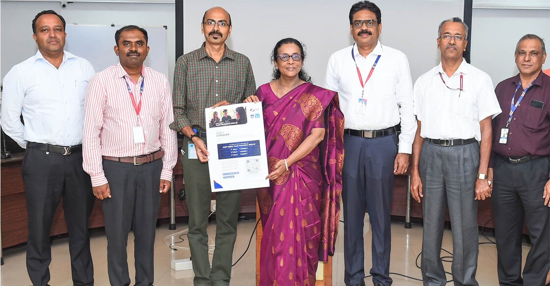 Photo: (From left) Dr Arun Surendran, strategic director and principal, Trinity College of Engineering; Dr Pradeep S, asst, vice president and head, NeST Digital Academy; Sreekumar K V, head of retail training unit, ICT Academy of Kerala, Dr Ciza Thomas, Vice Chancellor, KTU; Balamurali L, director of quality, NeST Digital; Dr Shyam Prakash, principal, Sree Chithra College of Engineering and Dr Apren T J, president, R&D (RF and Microwave), SFO Technologies during the launch of the Digital Youth Hackathon | Photo: Special arrangement
