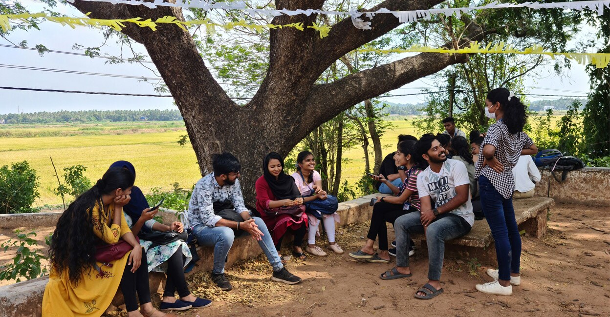 Students of St Aloysius College, Elthuruth, at the campus' much-loved spot named 'Thuruth'. Photo: Prasad Ramachandran (BBA HRM student, St Aloysius College, Elthuruth)