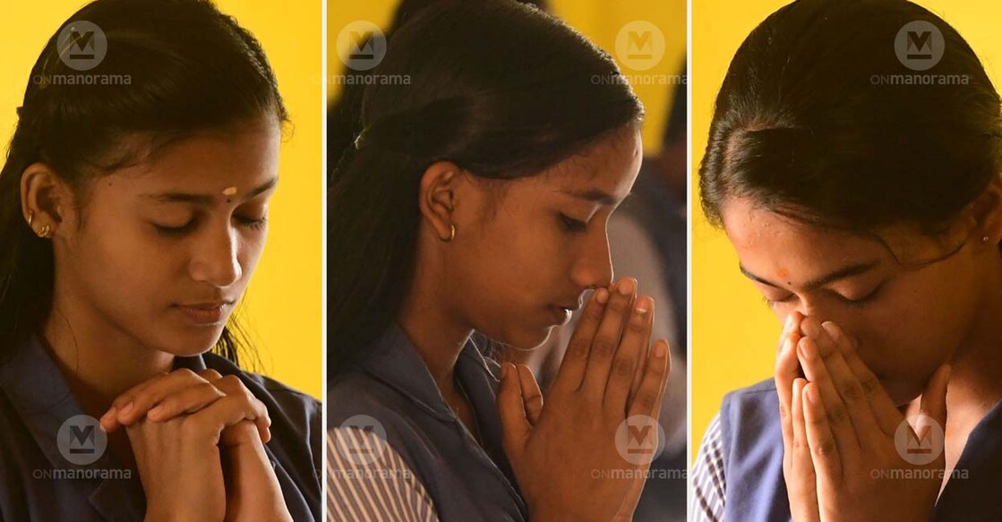 Students of the Government Vocational Higher Secondary School (Sports) in Kannur pray ahead of the SSLC examinations on Thursday. Photo: Harilal/Onmanorama