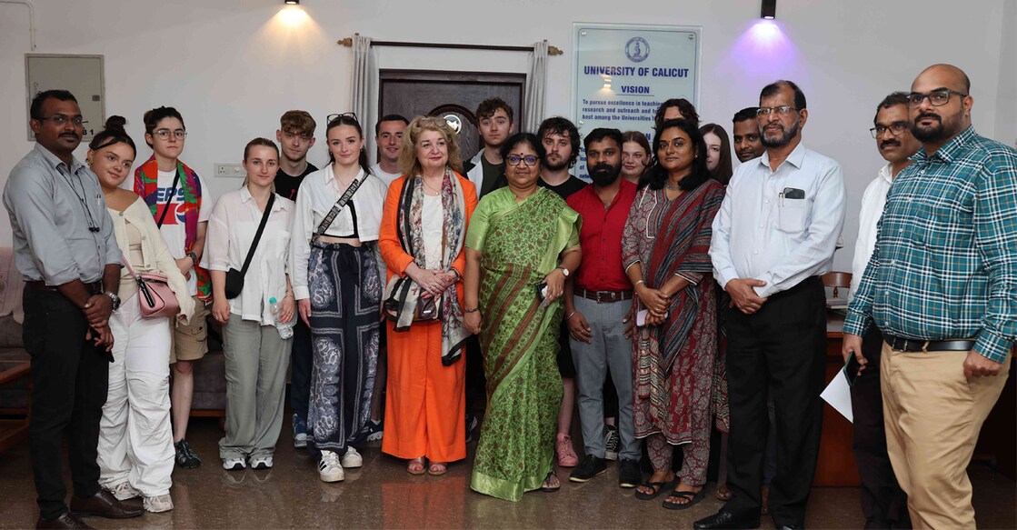 Students from Liverpool John Moores University, UK, with Higher Education Minister R Bindu at University of Calicut. Photo: Special Arrangement
