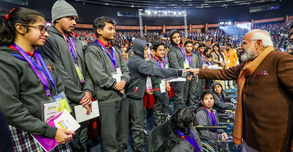 Prime Minister Narendra Modi interacts with students during the Pariksha Pe Charcha 2024 in New Delhi on Monday. Photo: PTI
