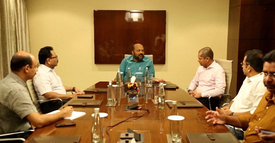 Minister for Law, Industries and Coir P Rajeeve interact with representatives of IBM Softwares in Kochi on Tuesday. Principal Secretary (Industries), Suman Billa; IBM Senior Vice President Dinesh Nirmal and KSIDC officials are also seen. Photo: Special arrangement