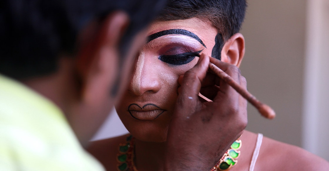 Kerala School Kalolsavam Dance contestant getting their makeup done for the Kerala School Kalolsavam at Kottayam in January, 2021. Photo: Shutterstock/AJP