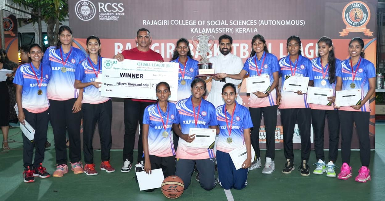 Rajagiri Basketball League The MOP Vaishnav College Chennai team who lifted the trophy in the women's category of the Rajagiri Basketball League 2024. Photo: Special Arrangement