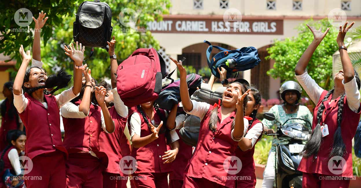 Students leaving school after attending the final examination of SSLC 2024 at Mount Carmel HSS, Kottayam. Photo: Manorama/Jins Michael