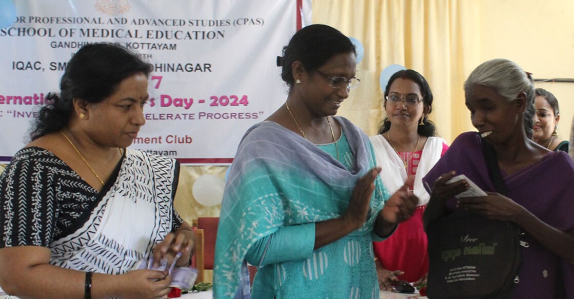 Rosemary (right) meets Sreekala T S, Assistant Sub-Inspector of Police during International Women's Day Celebrations at School of Medical Education at Gandhinagar in Kottayam on Thursday. Prof Suma V Madhavan (left), vice-principal of SME, looks on. Photo: Special arrangement