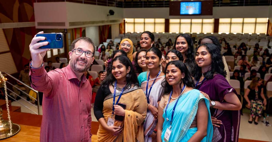 South Asia STEAM Camp US Consul General Chennai Chris Hodges clicks a selfie with camp counsellors at the opening of WiSci (Women in Science) South Asia STEAM Camp at Rajagiri Business School in Kochi. Photo: US Consulate General Chennai