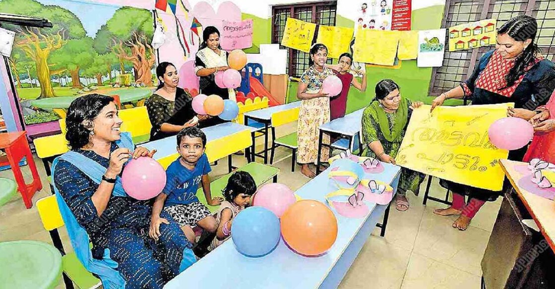 Teachers and students of Devi Vilasom LP School Parampuzha, Kottayam, making preparations for the 'Praveshanolsavam'. Photo: Manorama