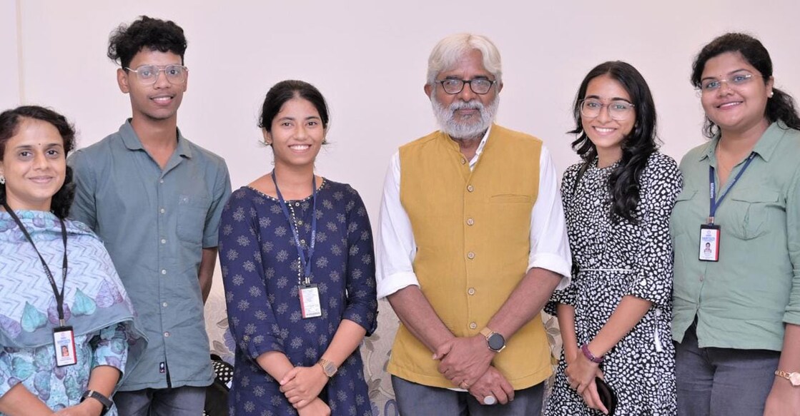 Sunny Joseph with members of the Literary Club at Saintgits College of Engineering, Kottayam. Photo: Special Arrangement