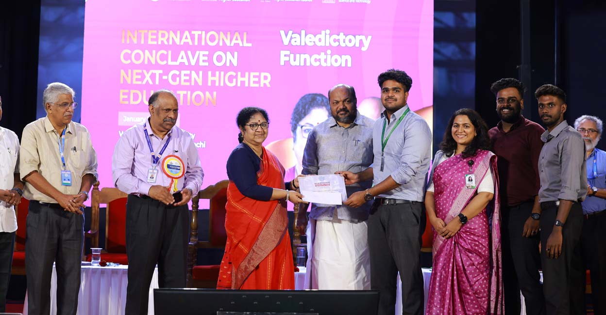 The Rajagiri College of Social Sciences (Autonomous), Kalamassery, team receiving the Best Video Award at the Shaping Kerala's Future: International Conclave on Next Gen Higher Education. Photo: Special Arrangement