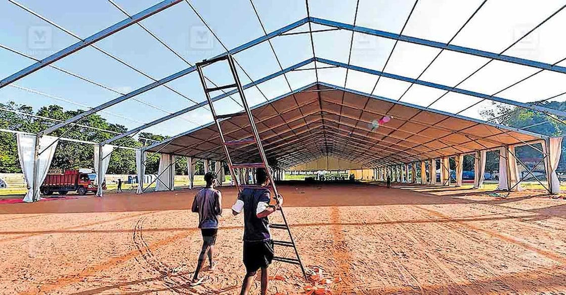 The construction work of the main stage, being prepared over 1.5 lakh square feet at the Thiruvananthapuram Central Stadium for the State School Arts Festival, is progressing. Photo: Manorama