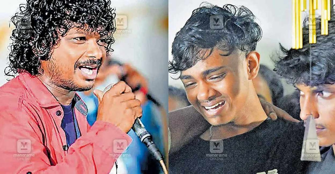(L) Ayyappadas, (R) Harihardas, son of Ayyappadas, crying as his father’s body was brought to their Ambiyil home in Vazhoor. Photo: Jins Michael/Manorama