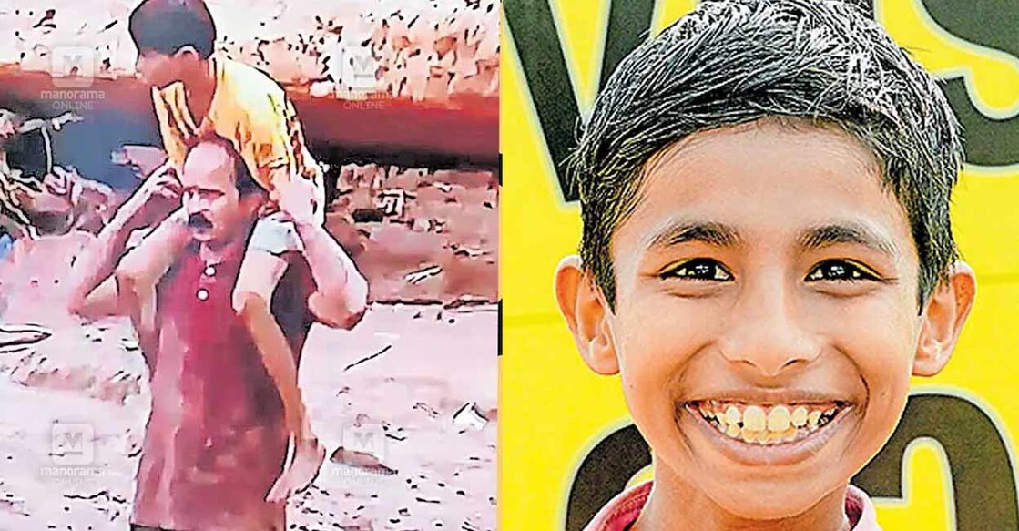 Rising from the ruins; Landslide victim from Vellarmala performs in drama at Kalolsavam Amaljith being carried by his father, Baiju, from the rubbles after the landslide. File photo: Manorama