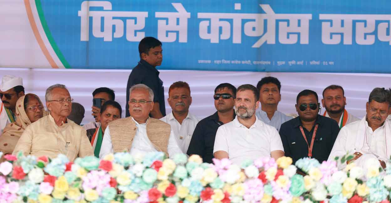 PTI10_29_2023_000248B Congress leader Rahul Gandhi, Chhattisgarh Chief Minister Bhupesh Baghel and others during a public meeting in Rajnandgaon, Sunday, Oct. 29, 2023. Photo: PTI Photo