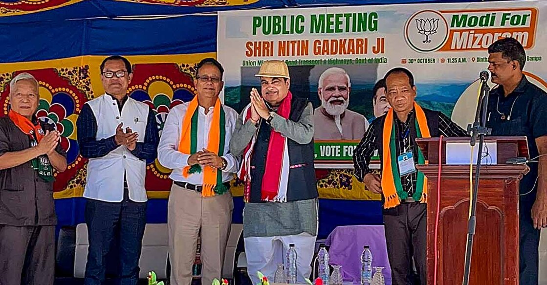 Union Minister Nitin Gadkari during a public meeting ahead of Mizoram Assembly elections, at Dampa Assembly Constituency in Mizoram, Monday, Oct. 30, 2023. Photo: PTI