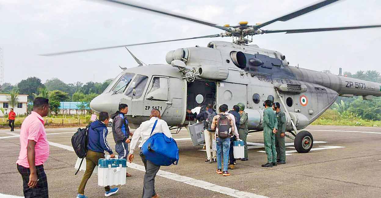 PTI11_06_2023_000082B Polling officials leave for poll duty from left-wing extremism-affected areas of Dantewada ahead of the first phase of voting for Chhattisgarh Assembly elections, on Monday, Nov. 6, 2023. Photo: PTI