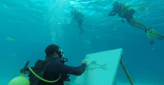 Cuban artist sketches under the sea among fish and coral reefs Cuban artist sketches under the sea among fish and coral reefs