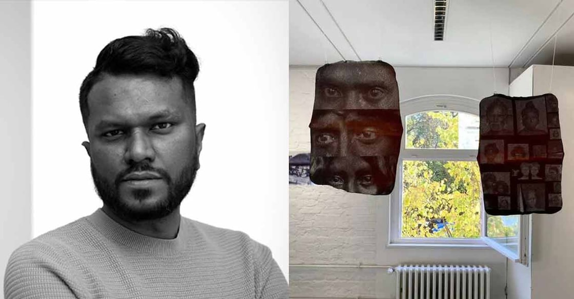  Sajan Mani and a part of his works on display at Wake up calls for my Ancestors. Photo: Special arrangement