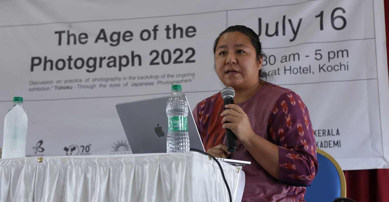 NayanTara Gurung Kakshapati, visual art expert from Kathmandu, Nepal, speaks at The Age of the Photographer 2022, a day-long seminar organized by Kerala Lalithakala Akademi in Kochi on Saturday. Photo: Special arrangement 