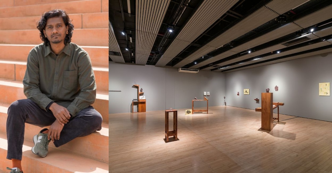 (1) Amol K Patil (2) Anmol's installation 'The Politics of Skin and Movement' at the Hayward Gallery in London. Photos: (1) Bea Borgers (2) Mark Blower