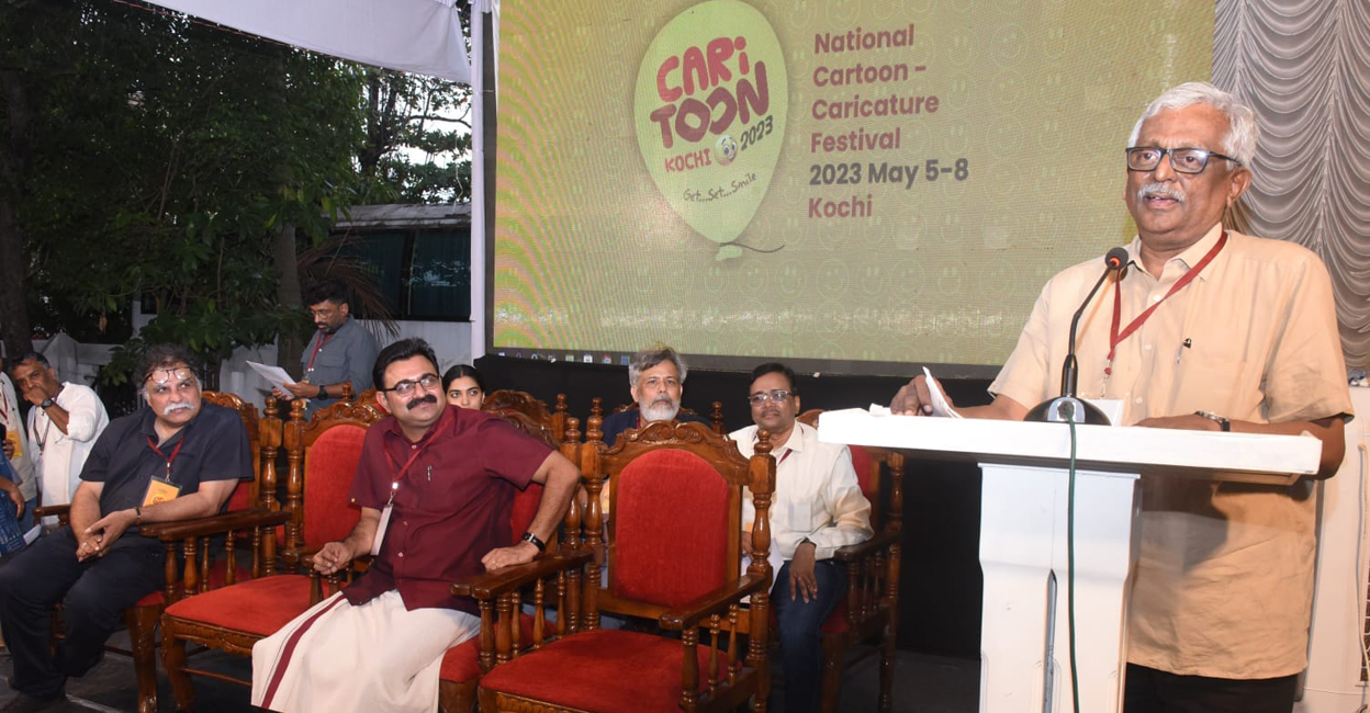Cartoonist EP Unny speaks at the inauguration of CARiTOON national fair in Kochi. Photo: Special arrangement