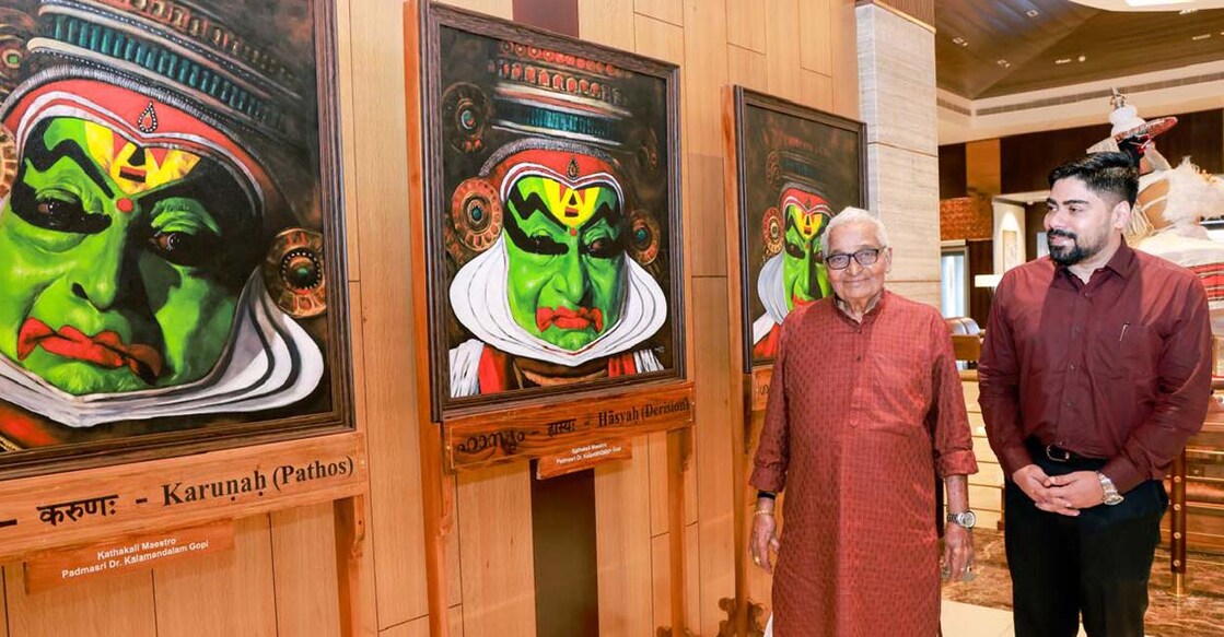 Kalamandalam Gopi at the Business Jet Terminal alongside CIAL managing director S Suhas. Photo: Special arrangement