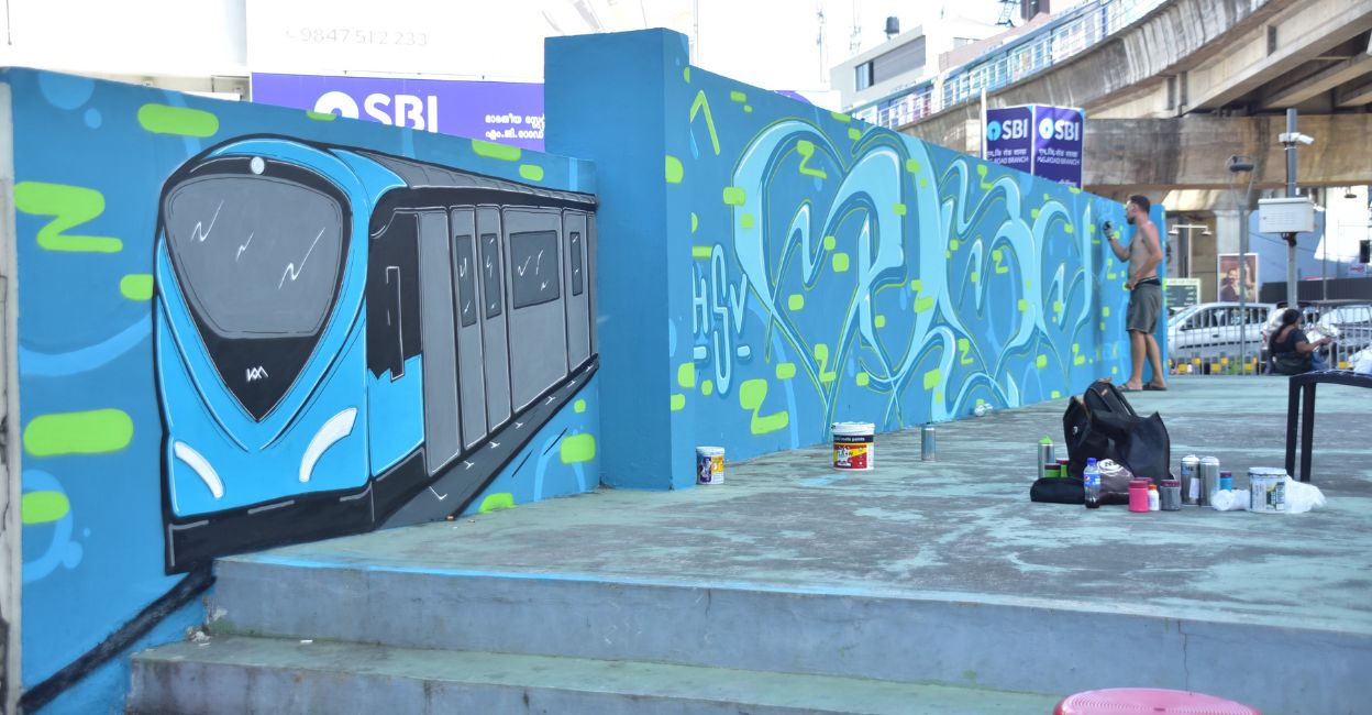 Peter Klar's work features an abstract image of the metro rail in eye-catching shades of blue, green and yellow. Photo: Special Arrangement