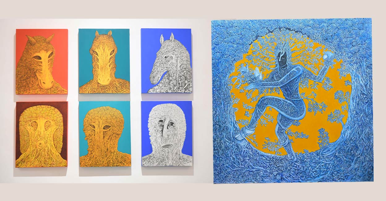 Installation view of Jiva at Bikaner House Main Art Gallery (L) 60 x 60 inches, Acrylic, pen and ink on Canvas, Ompal Sansanwal. Photo: Special arrangement