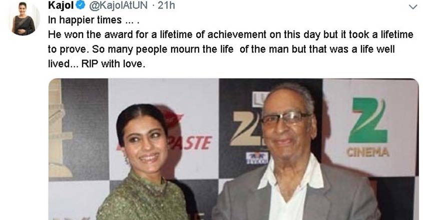 Kajol pens emotional note for Veeru Devgan. (Photo: Twitter/@KajolAtUN) Kajol pens emotional note for Veeru Devgan. (Photo: Twitter/@KajolAtUN)