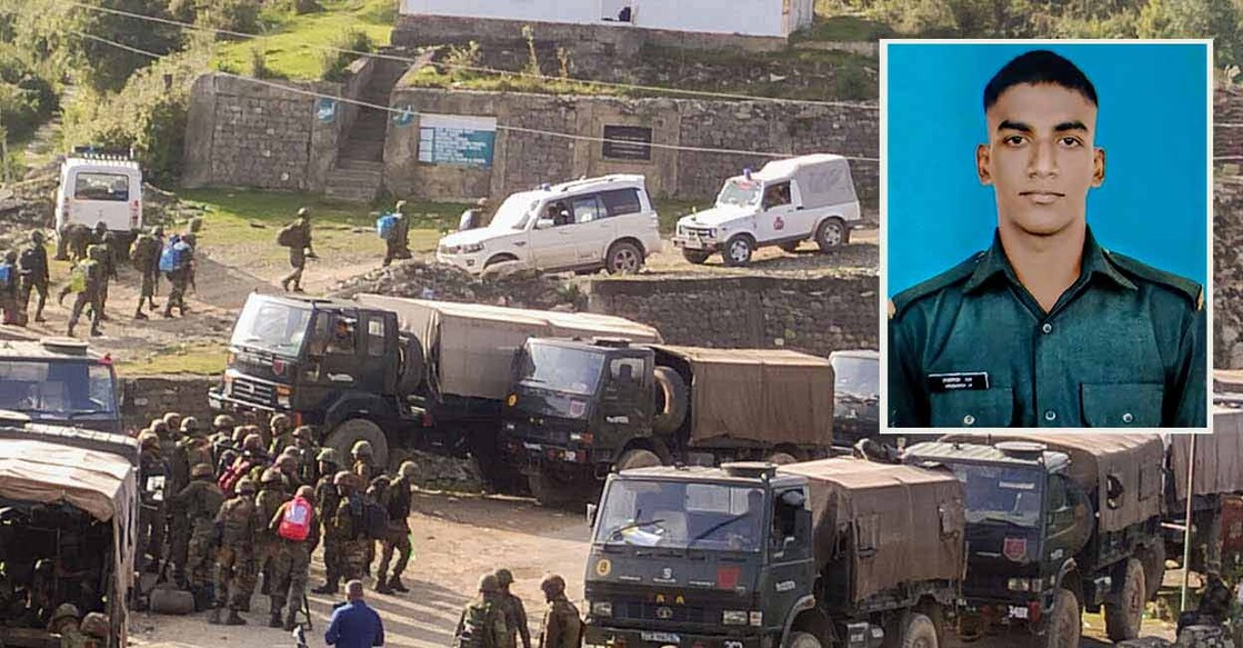 Security forces stand guard at the encounter site in Surankote area of Poonch district. 