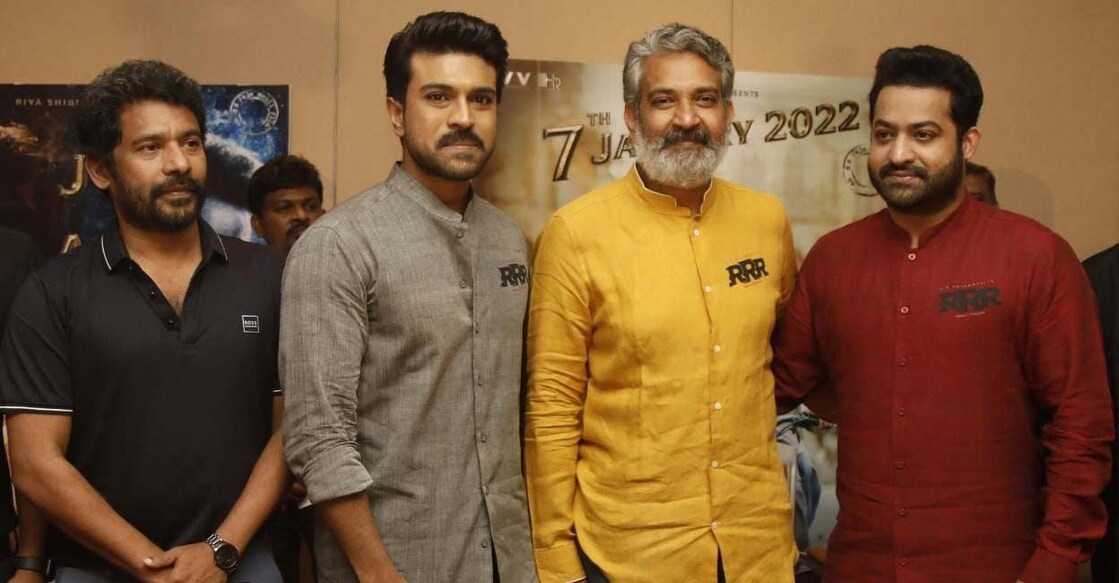 Shibu Thameens with Rajamouli, Junior NTR and Ram Charan