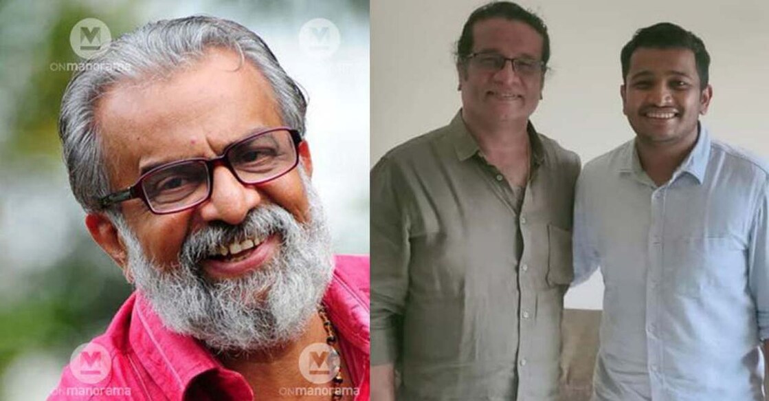 Balachandran (L) and Hareesh Peradi with film director Basil Joseph.