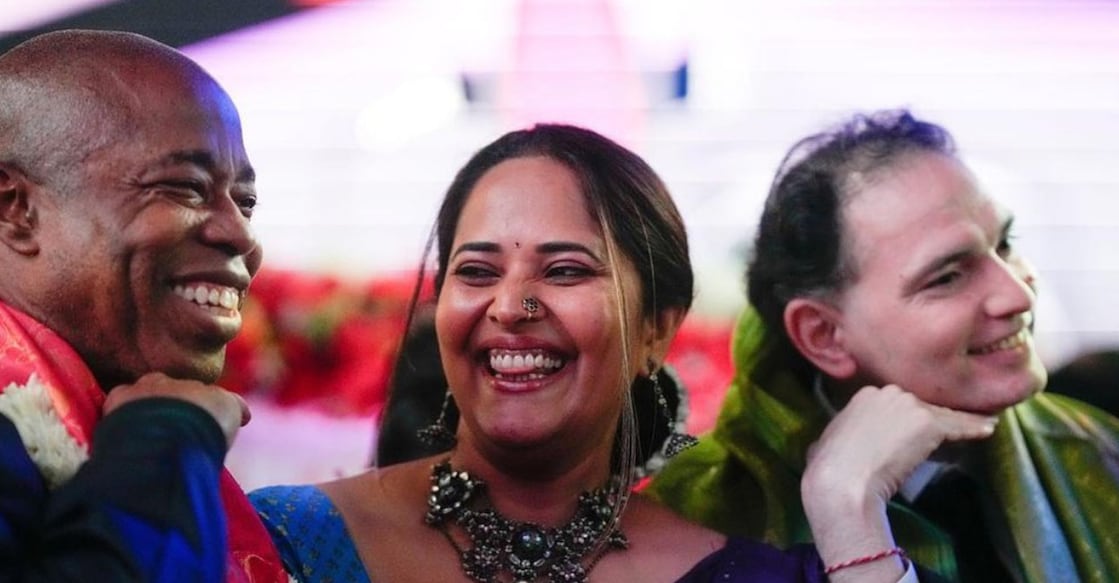 A clip shared by a fan account on Twitter, shows the mayor (L) performing the iconic hand gesture with two more guests, including actress Anasuya. Photo | Twitter: @uicaptures