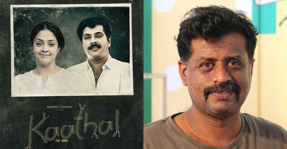 kaathal The first-look poster of 'Kaathal - The Core'; Jeo Baby, the director of the film. Photo: Twitter/Mammootty