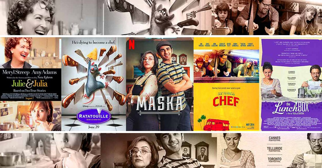 Posters of 'Julie & Julia', 'Ratatouille', 'Maska', 'The Chef' and 'The Lunchbox'. Photo: IMDB