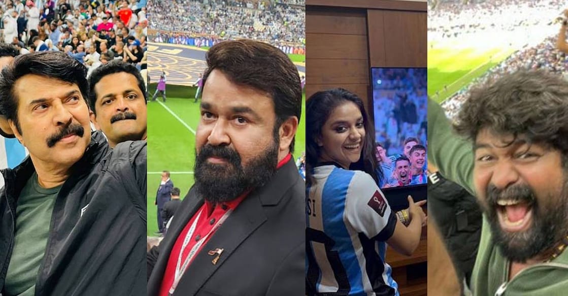 Mohanlal, Mammootty Mohanlal and Mammootty clicked selfies from the stands at Lusail Stadium in Qatar. Photos: Facebook