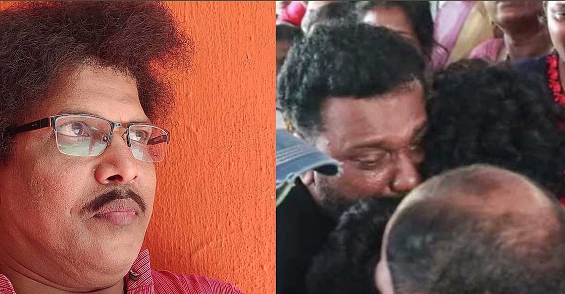 Combo image of Kannan Sagar and Ullas Pandalam being consoled by friends.