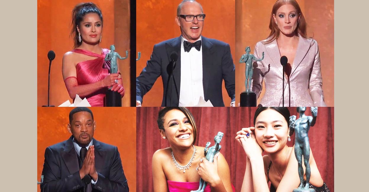 Clockwise Amy Sussman, Michael Keaton, Jessica Chastian, Jung Ho-yeon, Ariana DeBose and Will Smith. Photo: IANS