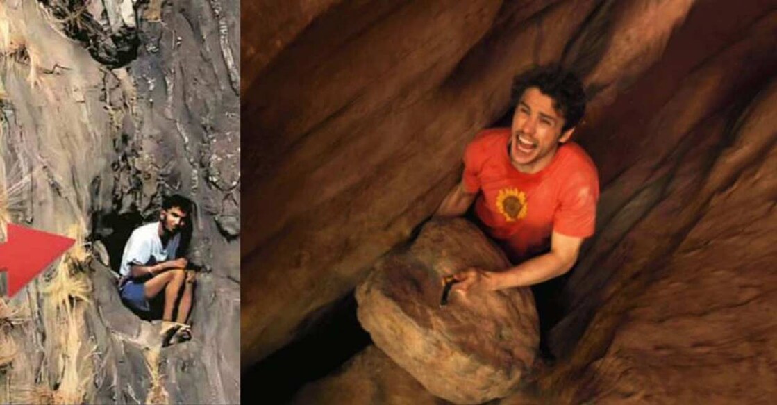View from a drone camera of R Babu trapped in a cleft on Kurumbachi Hills (L) and a scene from the movie '127 Hours' (screengrab).