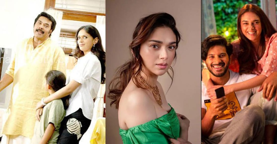 Aditi Rao with Mammootty and with Dulquer Salmaan in 'Hey Sinamika'