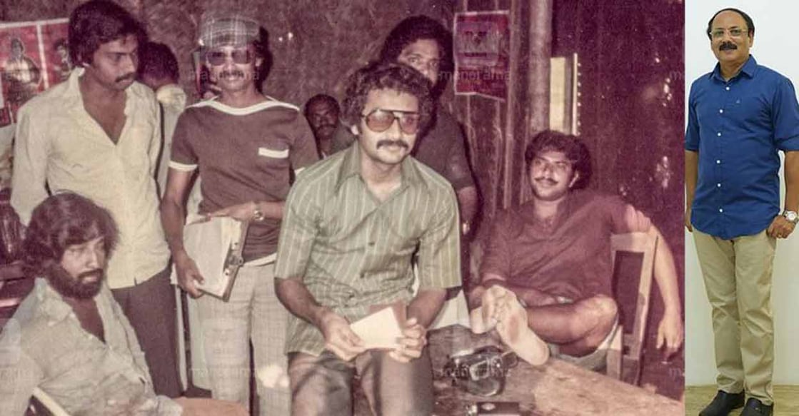 Mammootty, Nedumudi Venu, Khayas, Ouseppachan Valakkuzhi on the sets of Eettillam,(far right) producer Ousepachan Valakuzhy.