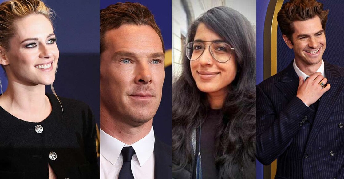 key-nominations Combo image of actors Andrew Garfield, Benedict Cumberbatch, Kristen Stewart and documentary film director Rintu Thomas.