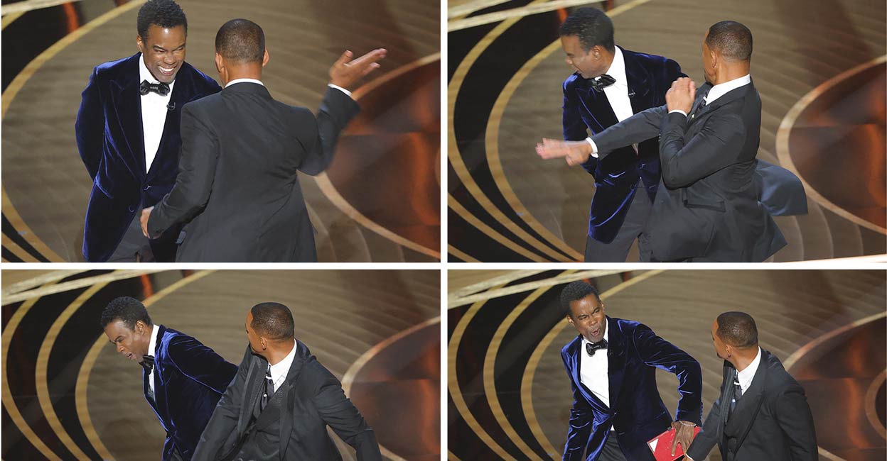 AWARDS-OSCARS Combination picture showing Will Smith hiting Chris Rock as Rock spoke on stage during the 94th Academy Awards in Hollywood, Los Angeles, California, U.S., March 27, 2022. PHOTO: Reuters/Brian Snyder