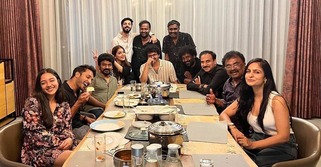 Actor Vijay with 'Beast' director Nelson Dilipkumar and the film crew at the dinner party