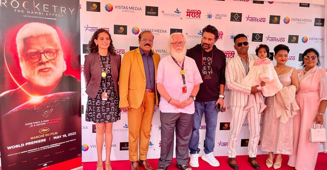 Producer Varghese Moolan with the crew of 'Rocketry: The Nambi Effect' at the Cannes venue