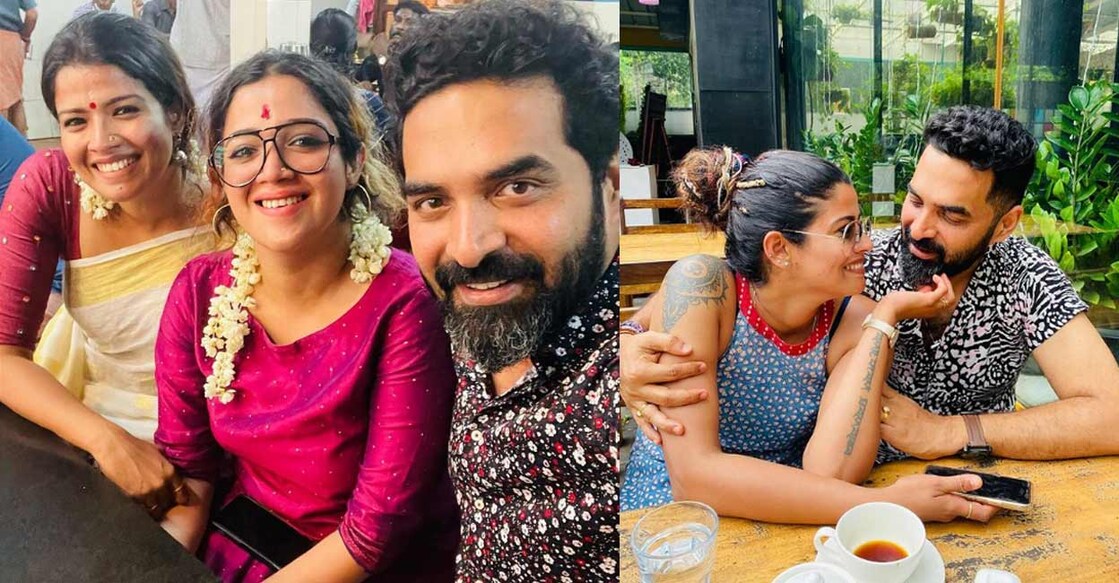 (Left) Abhirami Suresh with Gopi Sundar and Amrutha. (Right) Amrutha Suresh shares an affectionate photo with Gopi Sundar on his birthday. Photos: Instagram/ Abhirami Suresh/ Amrutha Suresh