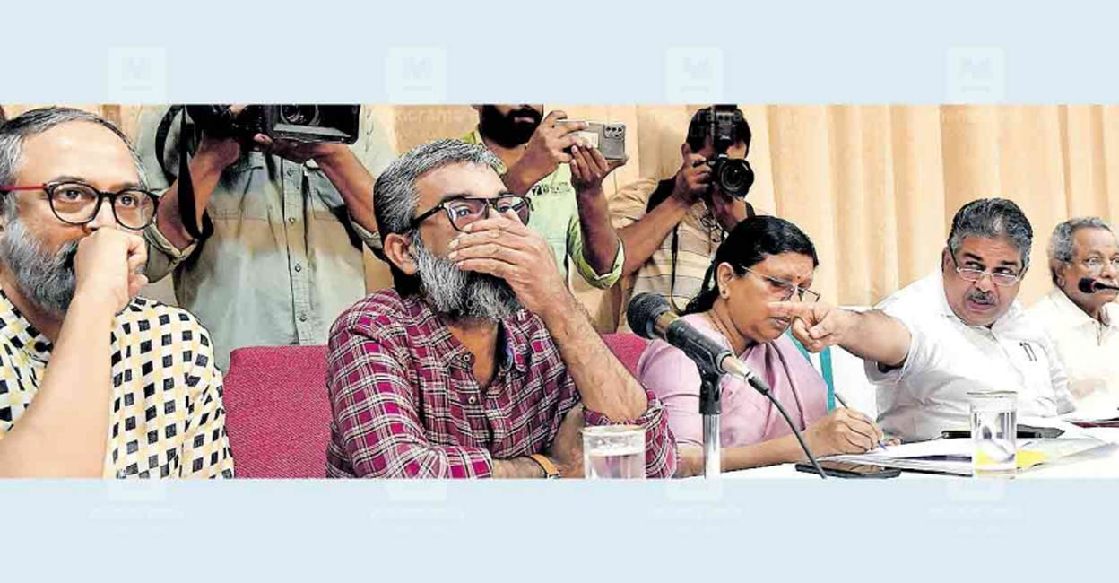 Representatives of various film organizations at a meeting called by Culture Minister Saji Cheriyan in Thiruvananthapuram. From left to right: film director Madhupal, Chalachitra Akademy chairman Ranjith, Women's Commission president P Sathidevi, Saji Cheriyan and film development corporation chairman Shaji N Karun. Photo: Manorama